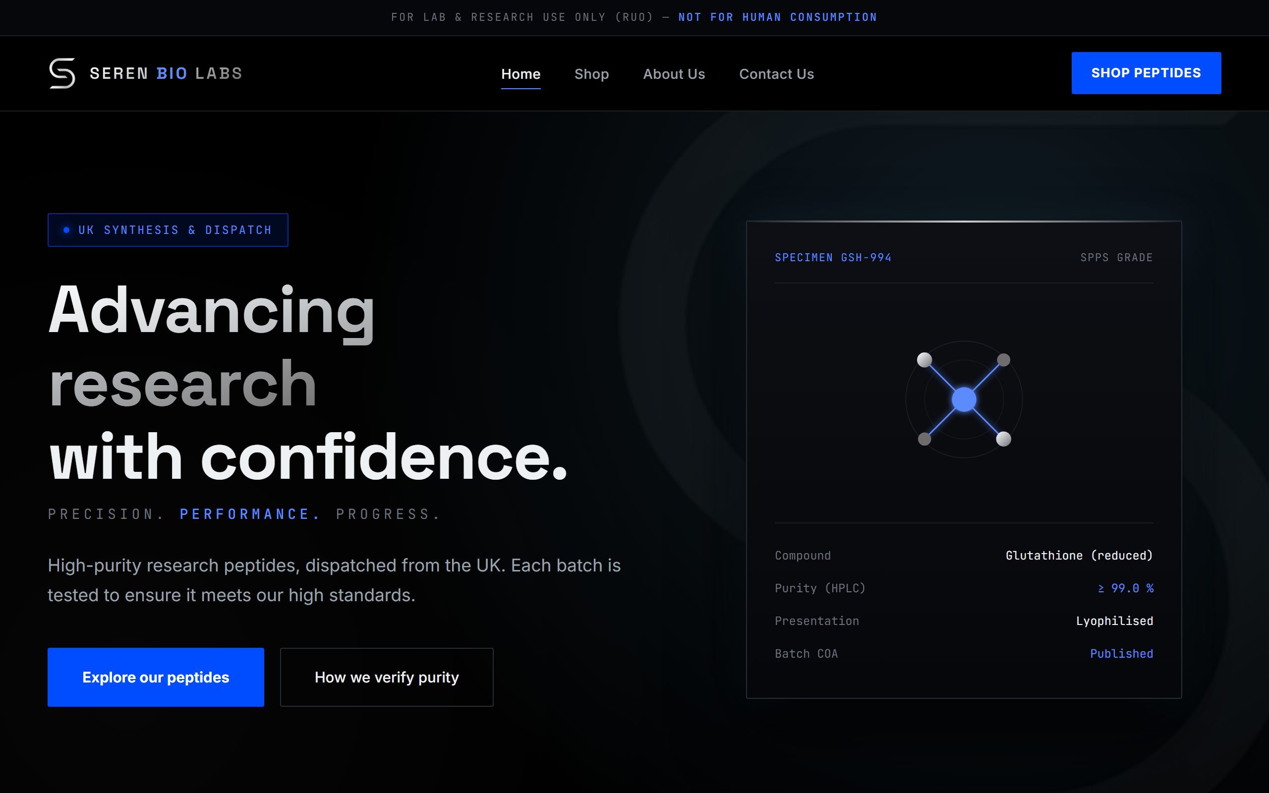 The Seren Bio Labs homepage: a black and chrome design headlined “Advancing research with confidence,” with a blue Explore our peptides button and a specimen data card.